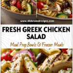 Colorful bowl of Greek Chicken Pasta Salad with olives, feta, and fresh veggies for a Mediterranean dinner.